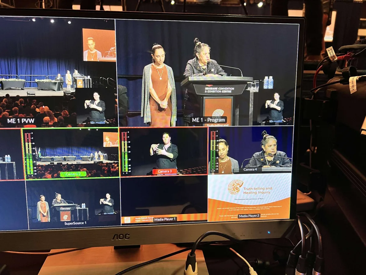Multiviewer showing programme, preview, camera feeds and the Auslan interpreter